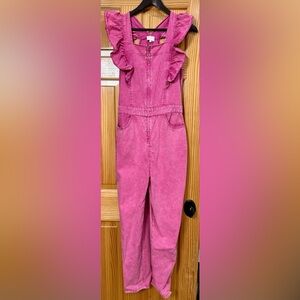 Pink ruffle, denim jumpsuit